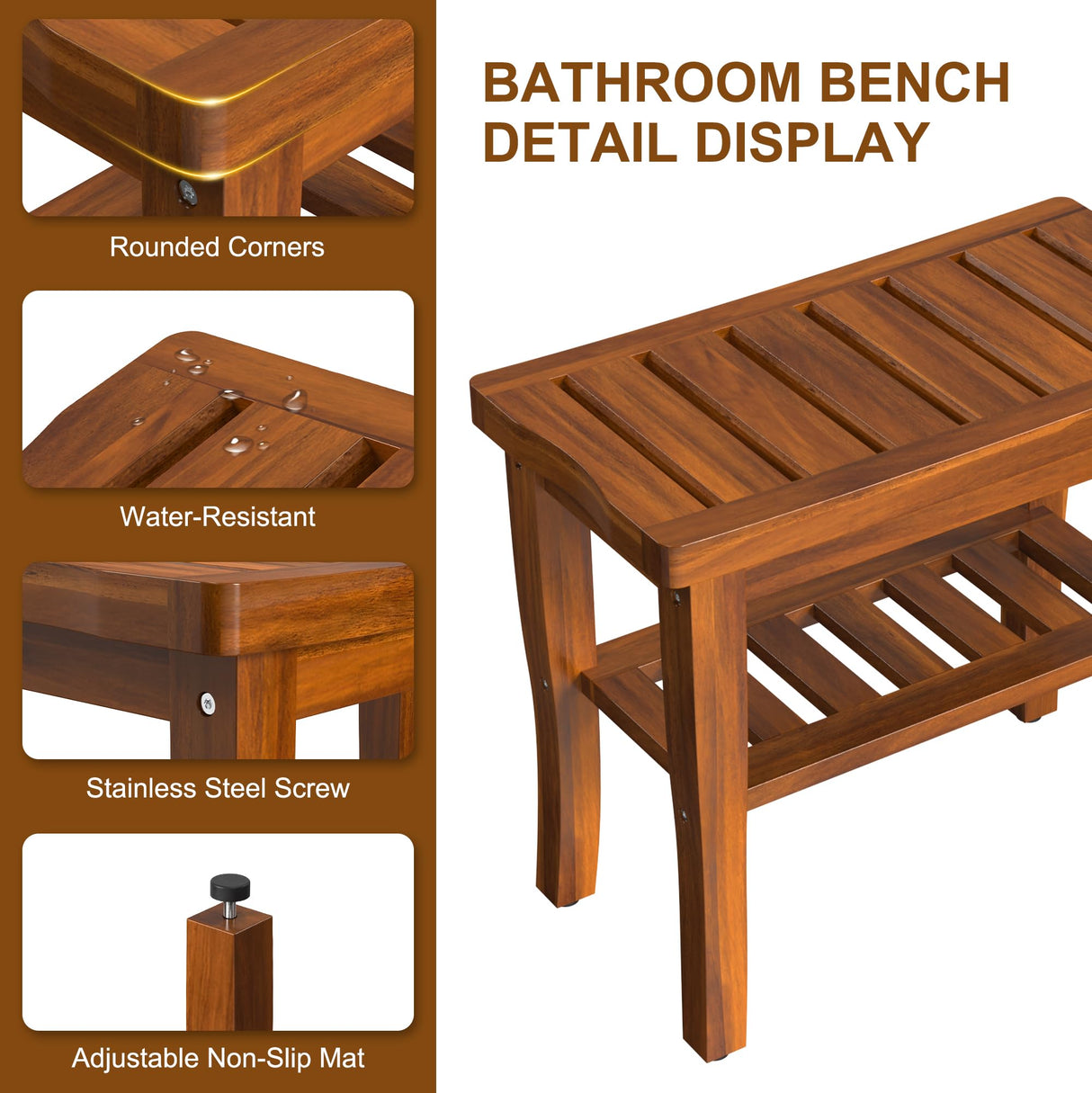 Teak Wood Shower Bench Stool with Storage Shelf, Wooden Waterproof Bathroom Spa Bathing Teak Shower Stool with Non-Slip Feet Gadget 2024 for Indoor or Outdoor Shower Chair Seat Organizer Greenual