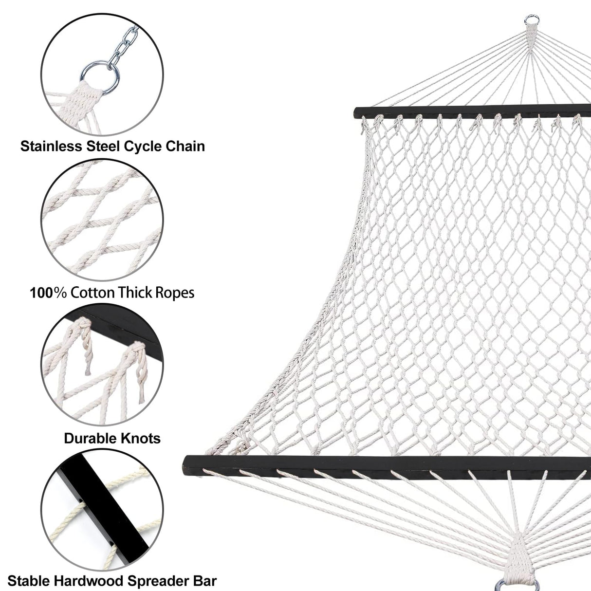 SZHLUX Double Rope Hammocks, Traditional Hand Woven Cotton Hammock with Hardwood Spreader Bar and Carrying Case for Outdoor, Indoor for Two Person, 450lb Weight Capacity SZHLUX