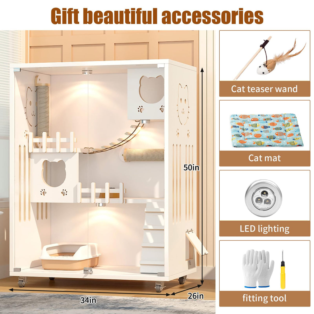 Large Enclosed Cat Condo, Wooden Large Cat Villa, Indoor/Outdoor Cats Enclosure with Wheels, Multi-Feature Cat Houses for Indoor Cats Ventilation Glass Doors, 50" X 36" X 24" (White, 50" X 36" X 24") TMGSK