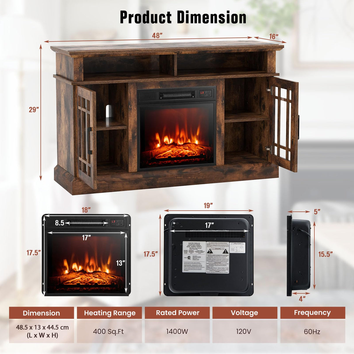 GOFLAME Fireplace TV Stand for TV up to 55 Inches, Freestanding Wood Entertainment Center with 18” Electric Fireplace, 48" TV Console Table with 2 Open Storage Compartments and 2-Door Cabinet, Brown GOFLAME