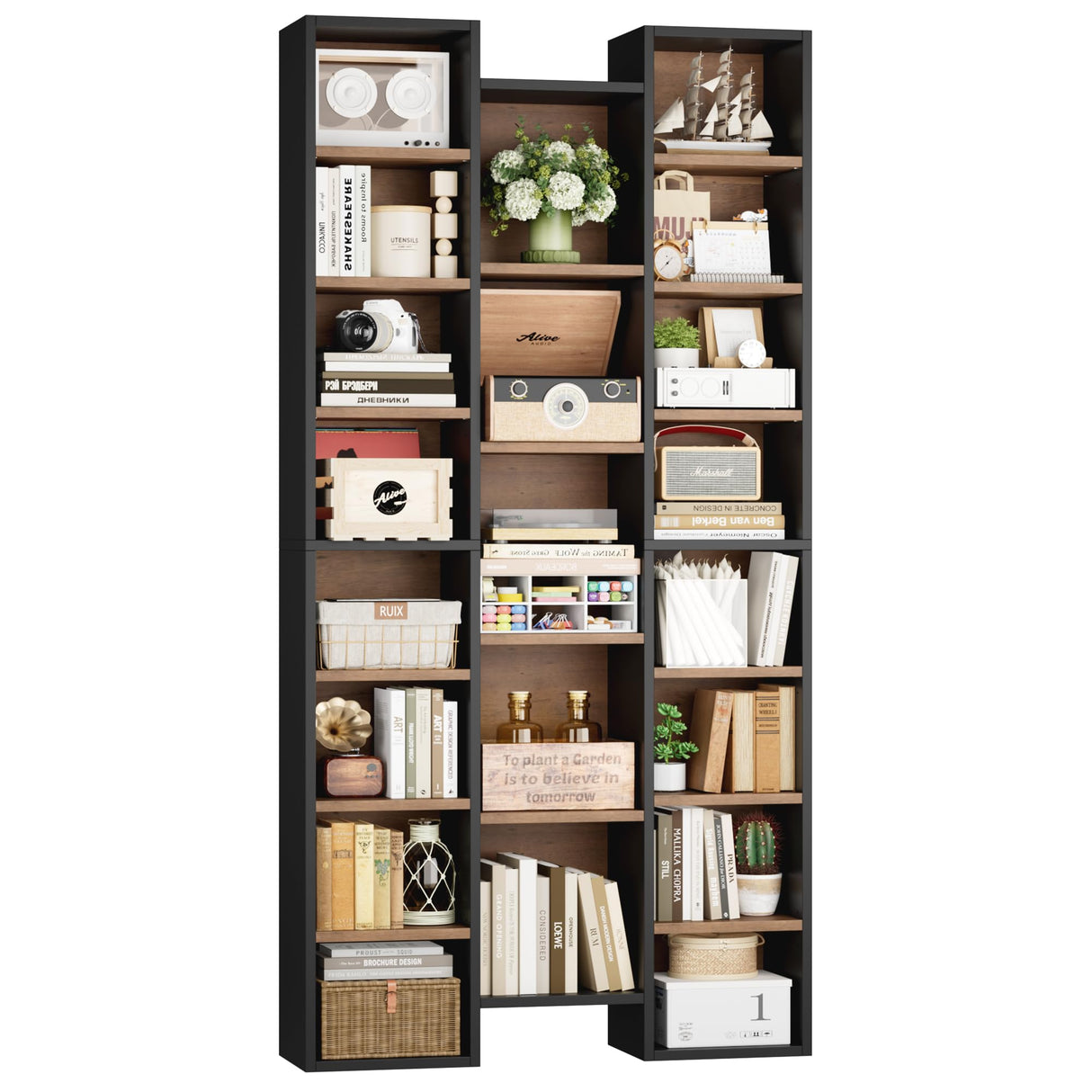 FOTOSOK 71โโ Tall Bookshelf, Triple Wide Bookshelf with Adjustable Shelves, 8 Tier Media CD DVD Storage Tower Rack, Diaplay Cabinet Shelf, Cube Storage Organizer Shelf for Home Office, Black/Brown FOTOSOK