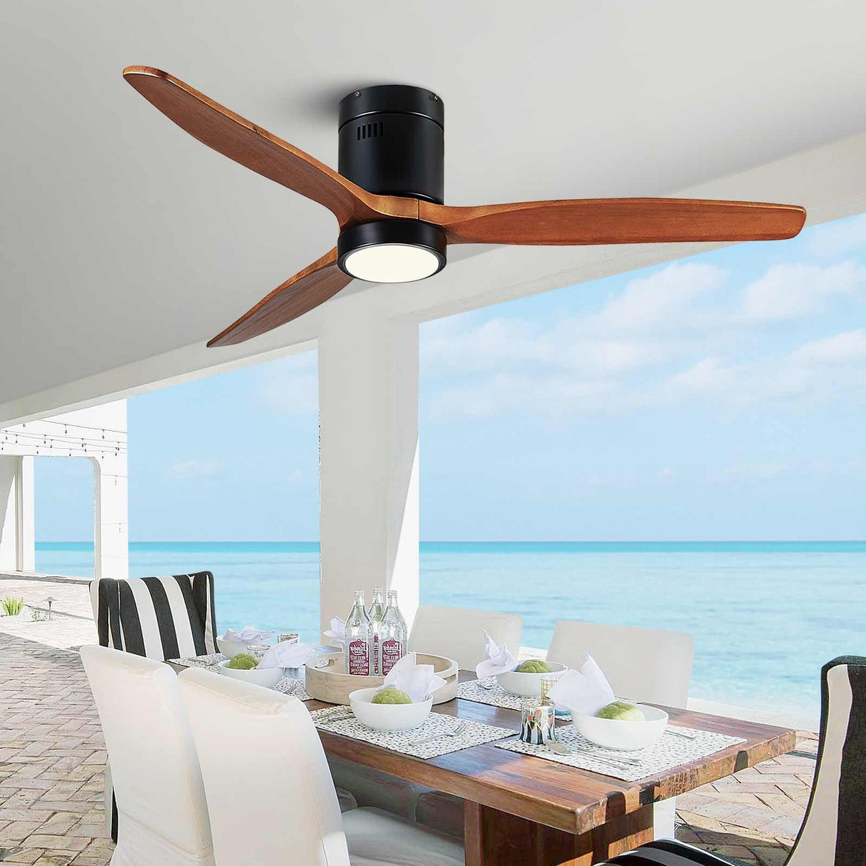KAPOEFAN 52 Inch Flush Mount Wood Ceiling Fan with Lights, Low Profile Ceiling Fan with Light and Remote Control, Outdoor Wooden Fan DC Motor 6 Speeds 8H Timer for Farmhouse Patio KAPOEFAN