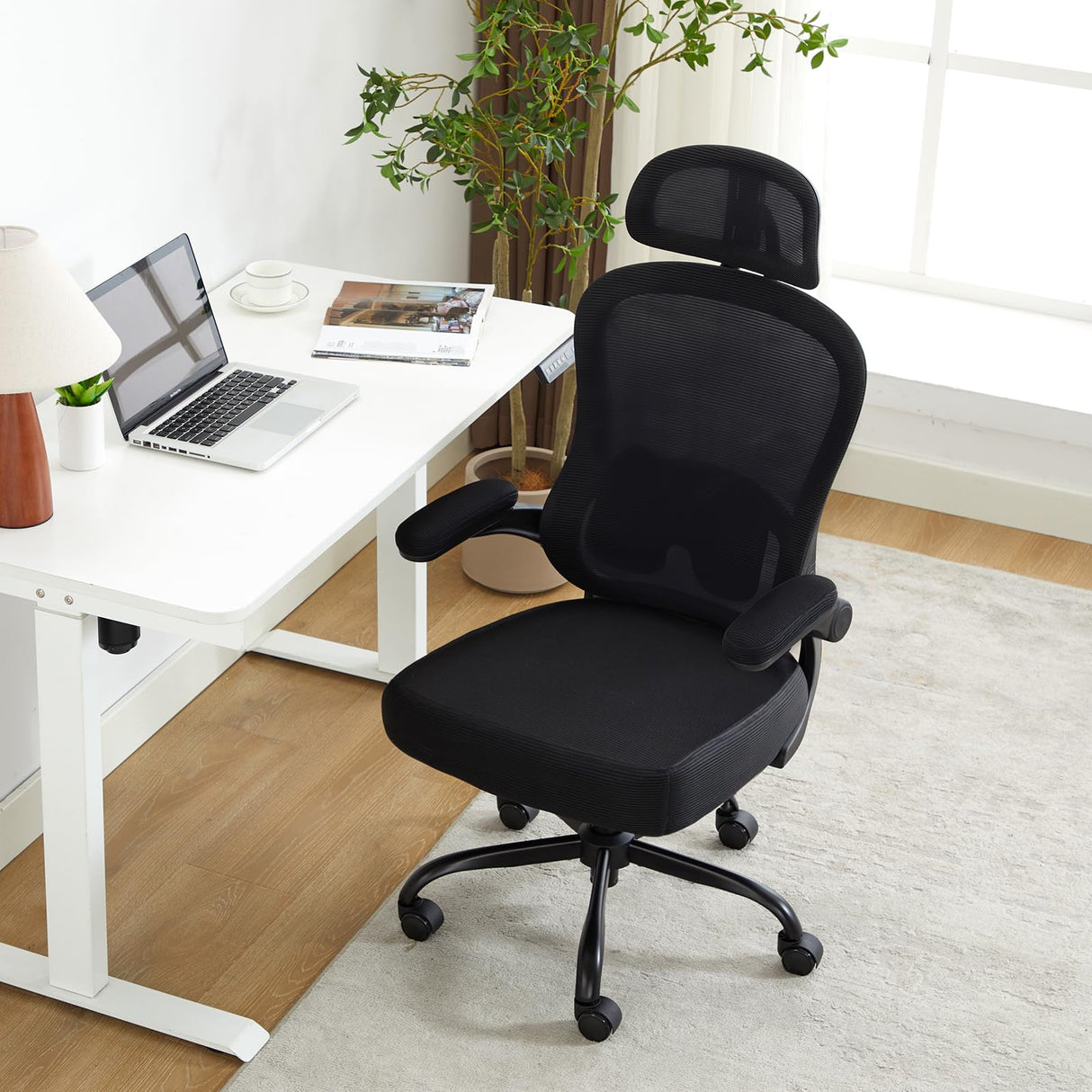 TUKAKA Ergonomic Office Chair,Ultra Thick Office Desk Chair with Adjustable Lumbar Support and Headrest,Spring Cushion,Rocking Function,Flip-up arms,Mesh Computer Chair for Home Office,White TUKAKA