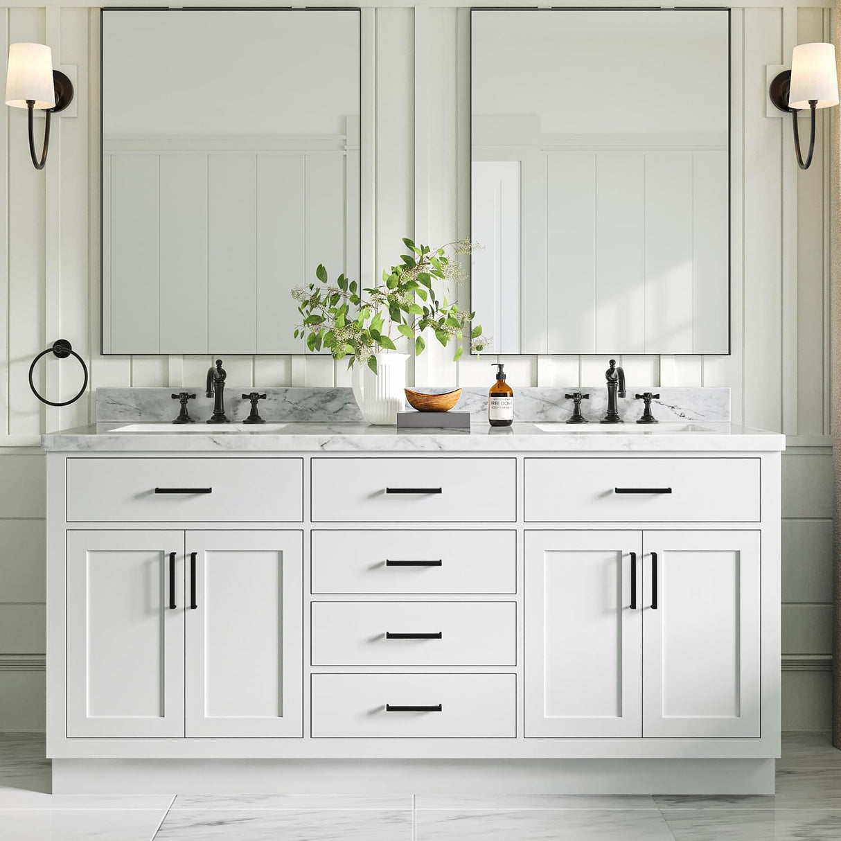 ARIEL Double Bathroom Vanity Base Cabinet 72" White, Double Sink Configuration, 4 Soft Closing Doors, 6 Full Extension Dovetail Drawers, Toe Kick, Matte Black ARIEL