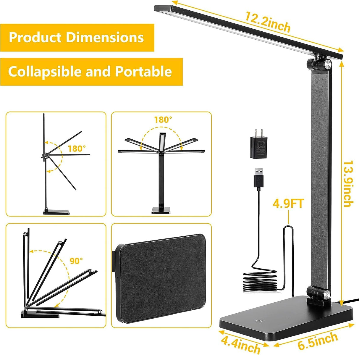 LED Desk Lamp for Home Office, 3 Levels Dimmable Desk Light with USB Charging Port, Small Study Lamp, Reading Light for Table, Black, 5000K Best World LED