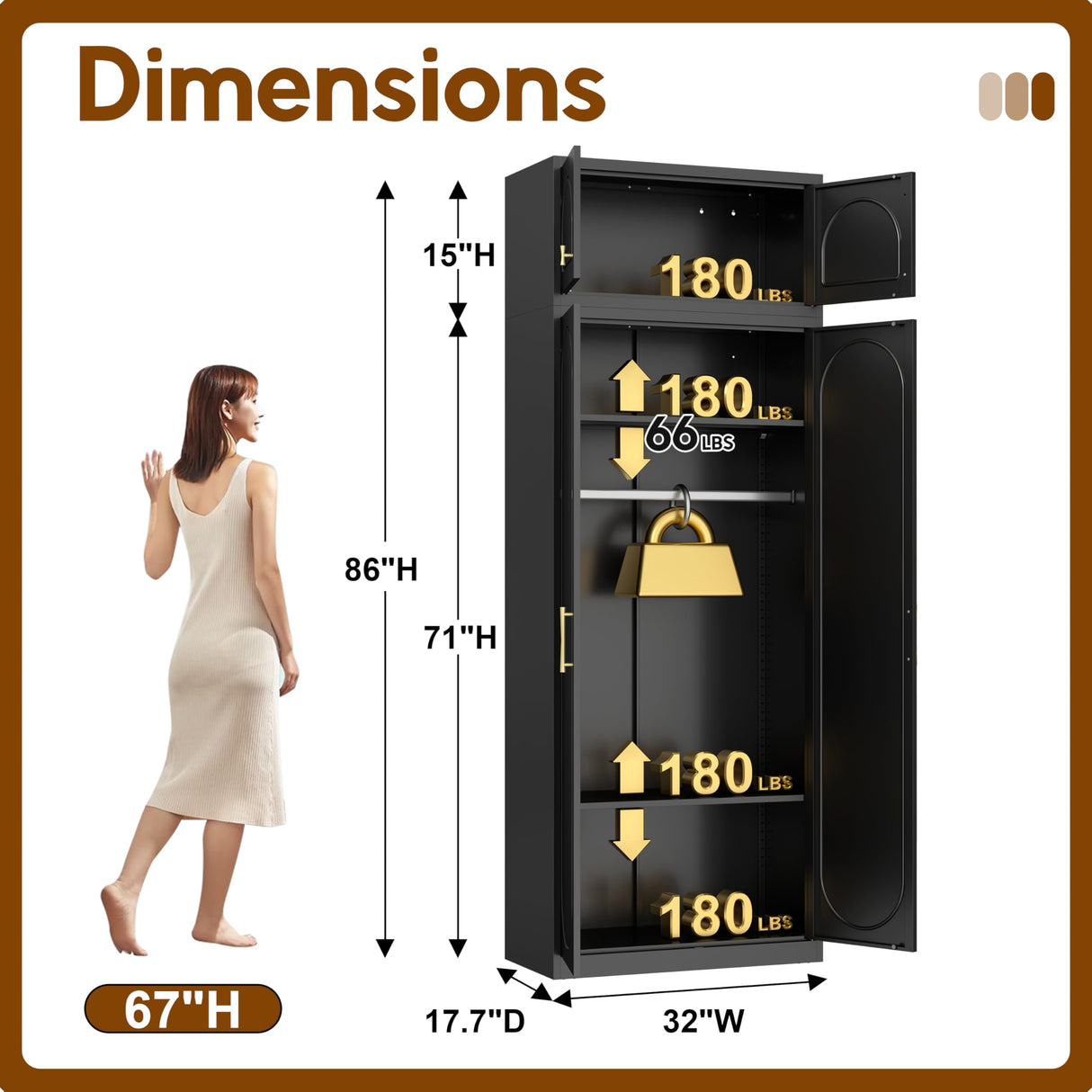 UNICOLY 86" Armoire Wardrobe Closet, 71'' Metal Closet with 15" Cabinets, Wardrobe Cabinet with Hanging Rod, for Bedroom School, Employee, Gym, Armarios De Ropa para DormitorioAssembly Required, Black UNICOLY