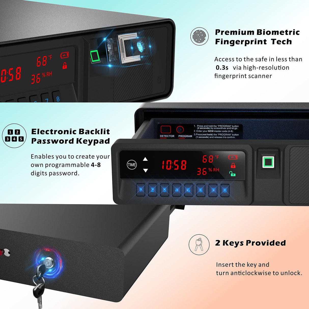 Z ZLJUAN Slide-Away Pistol Handgun Quick Access Gun Drawer Safe with LCD Display of Temp,Humidity,Time,Low Battery Warning,Unlock State for Nightstand Bedside Home Z ZLJUAN