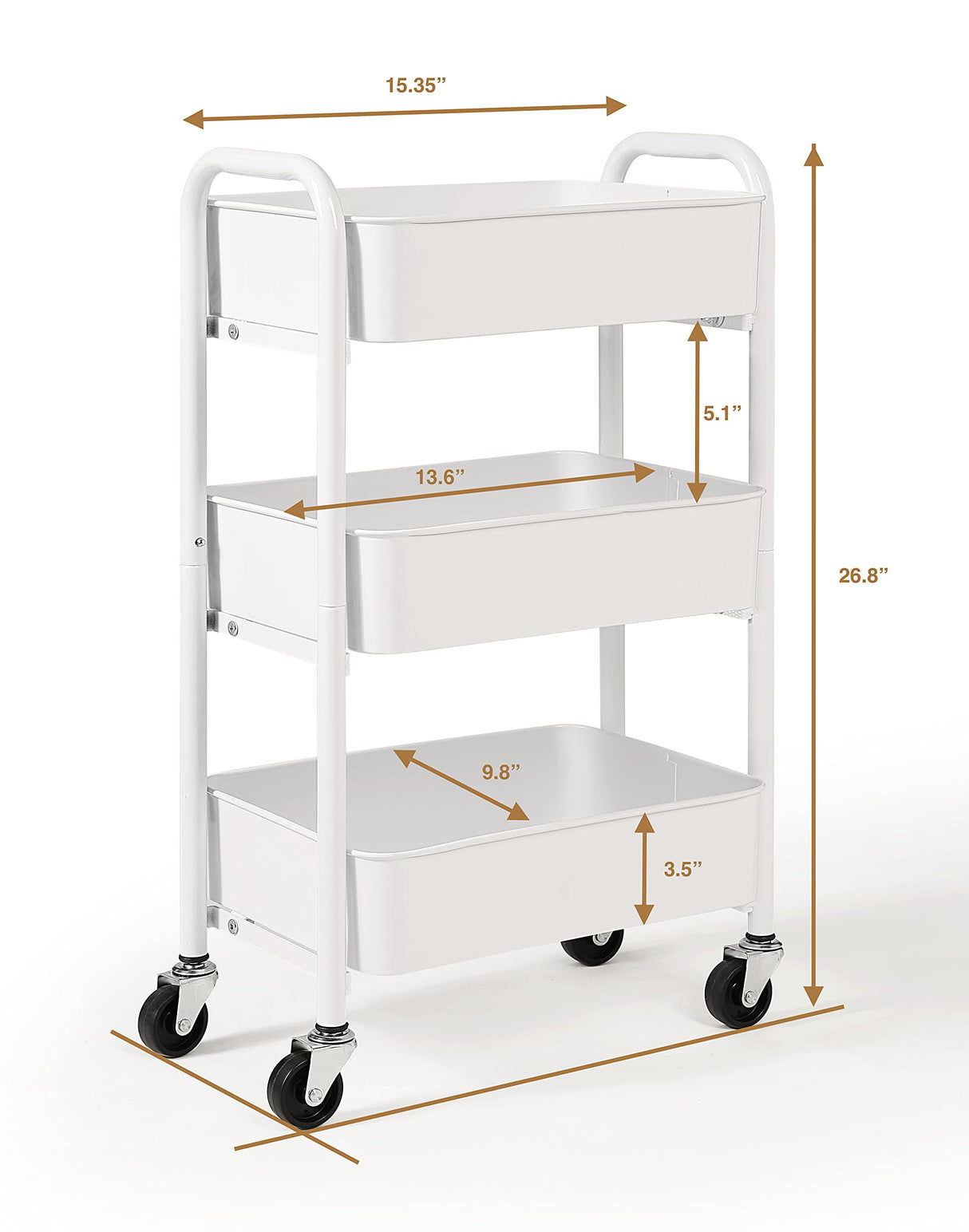 SunnyPoint 3-Tier Delicate Compact Rolling Metal Storage Organizer - Mobile Utility Cart Kitchen/Under Desk Cart with Caster Wheels (WHT, Compact (15.5" X 26.8" X 10.27")) SunnyPoint