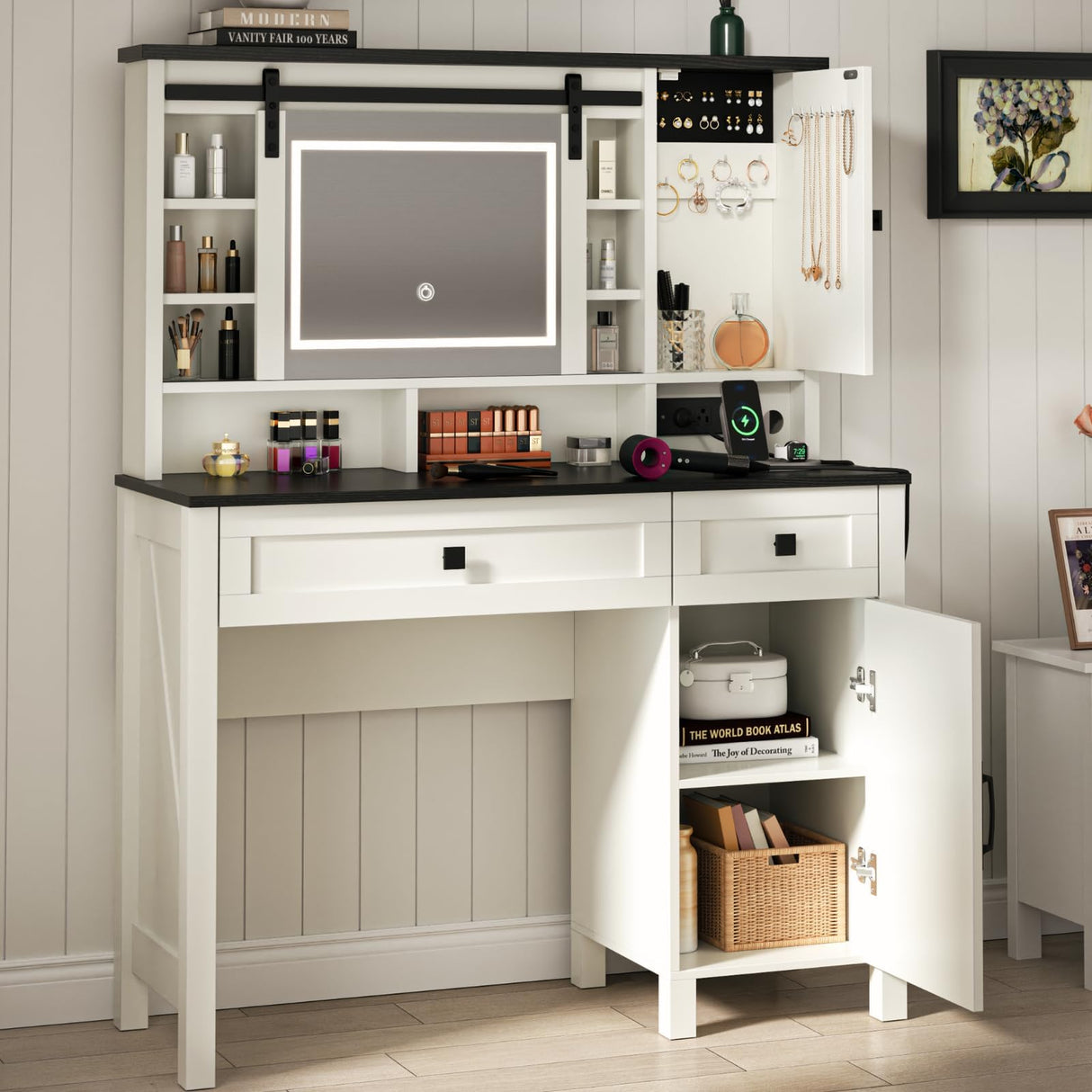 Loomie Farmhouse Vanity Desk with Sliding Mirror & Lights, Makeup Vanity Table with Power Outlet, 2 Drawers, 2 Cabinets & 2 Cubbies, Dressing Table with 3 Color Lighting Modes for Bedroom (White) Loomie