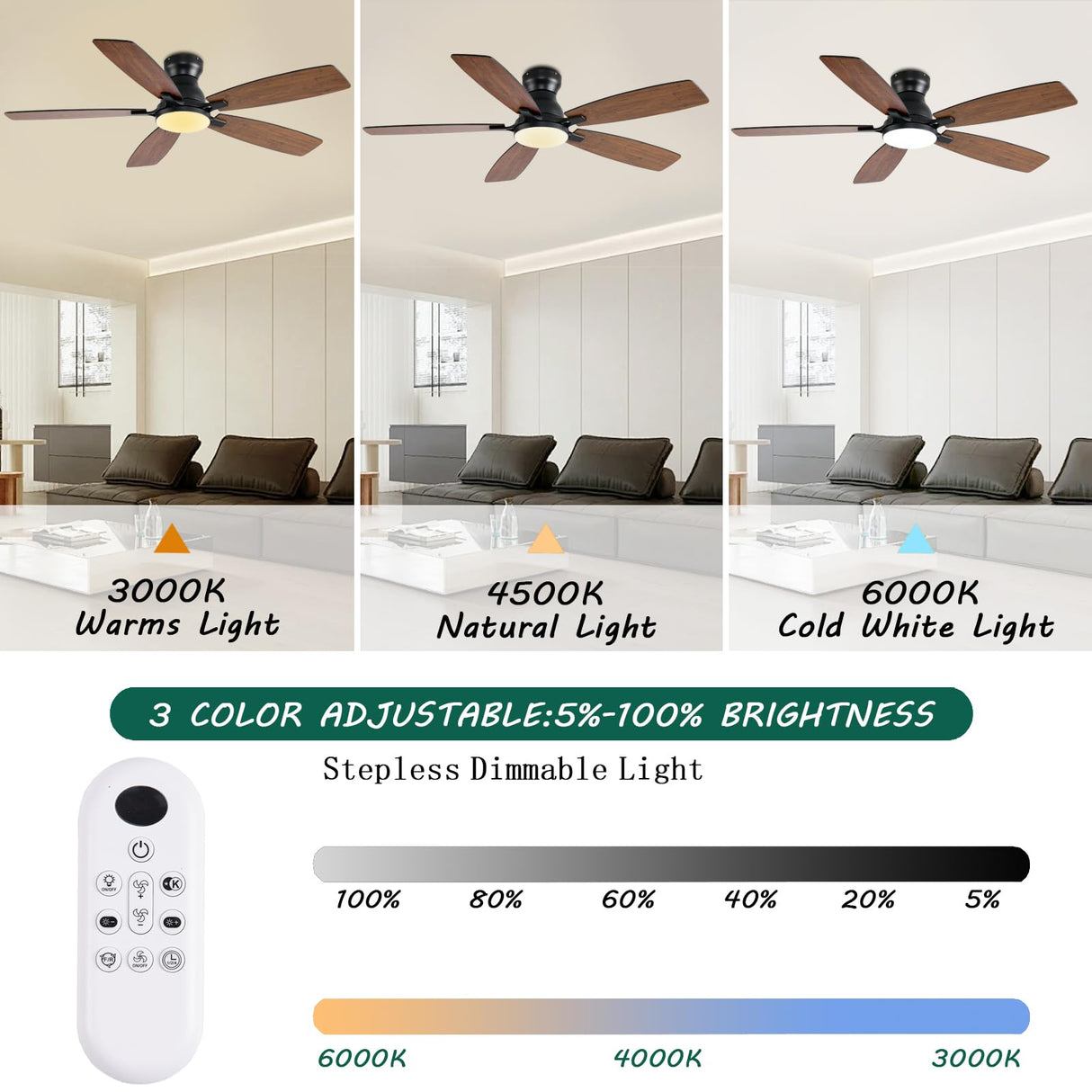NKPU 52inch Ceiling Fans with Lights, Low Profile Ceiling Fan with Light and Remote/APP Control, DC Reversible Motor, Noiseless, Flush Mount, Brown Ceiling Fan for Bedroom Indoor/Outdoor Use NKPU