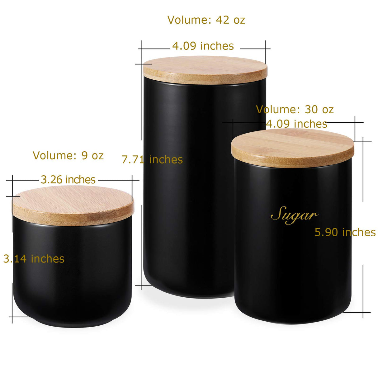 Yangbaga Black Canisters Sets for Kitchen-Set of 3 Coffee Canisters for Countertop with Airtight Wood Lids/Spoons/Stickers, Ceramic Food Storage Containers for Large Suger,Coffee,Tea (42/30/9OZ) Yangbaga