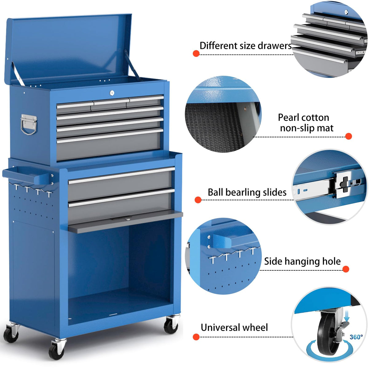 Tool Chest 8-Drawer | 42'' Large Rolling Tool Chest with Wheels | Detachable Top Metal Tool Box | Garage Storage Cabinet for Repair Room,Warehouse | Rolling Tool Box with Hooks,Liners,Tray Divider AIRAJ