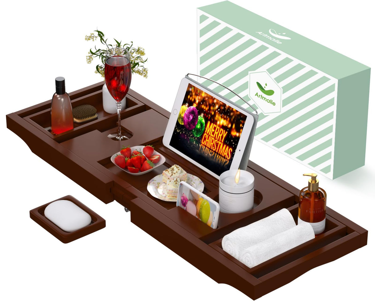 Bathtub Caddy Tray for Tub, Foldable Bamboo Bath Table Tray with Book and Wine Glass Holder, Expandable Bathroom Accessories with Free Soap Dish Suitable for Luxury Spa or Reading, Brown Artmalle