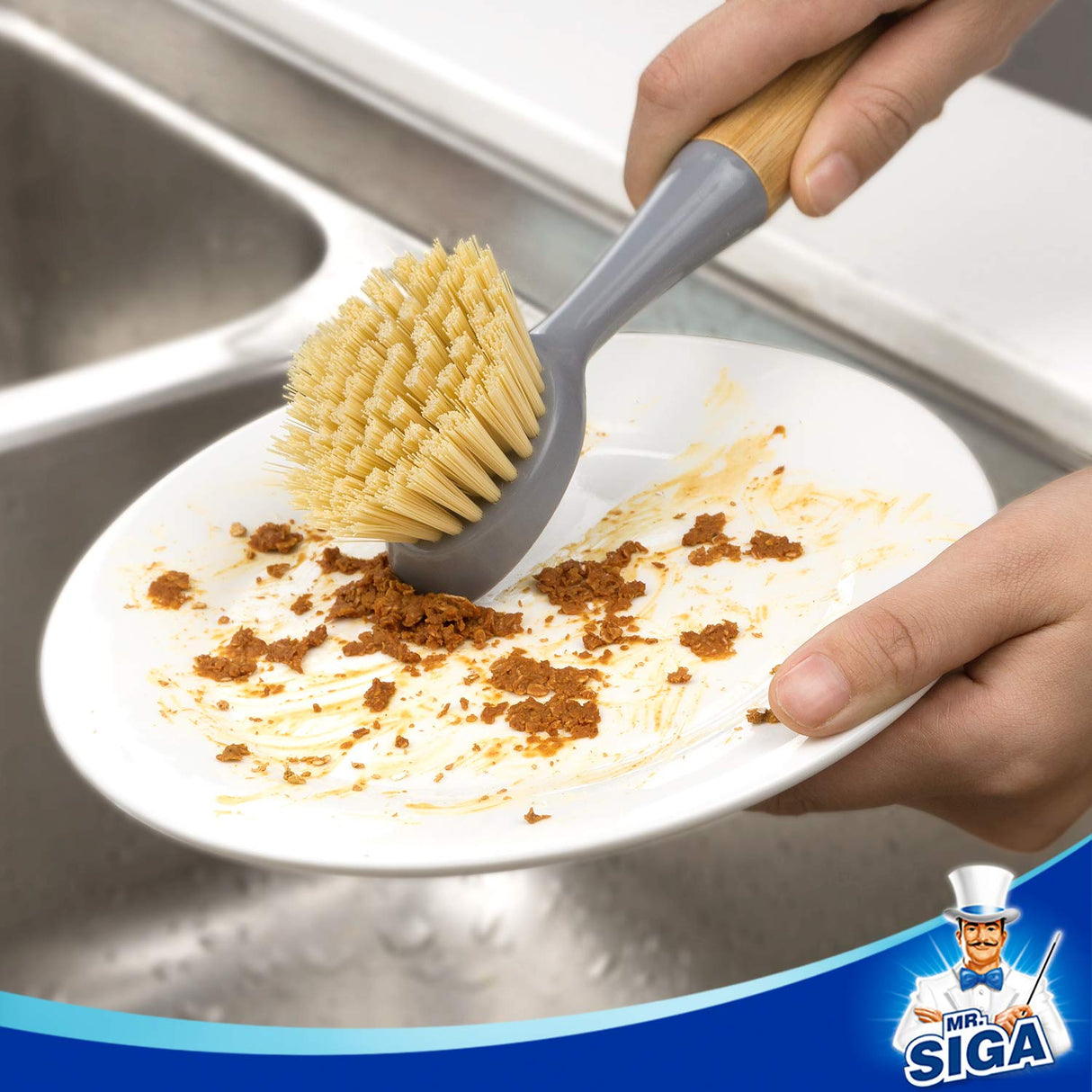 MR.SIGA Dish Brush with Bamboo Handle Built-in Scraper, Scrub Brush for Pans, Pots, Kitchen Sink Cleaning, Pack of 2 MR.SIGA