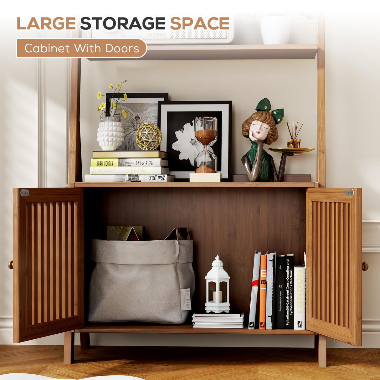 Bookcase with Drawers, 4-Tier Bamboo Bookshelf Ladder Shelf with 6 Hooks, Tall Narrow Retro Book Shelf, 24.8"L x 10.6"W x 59.5"H, Standing Storage Organizer for Living Room, Office, Bedroom, Walnut oakvivo