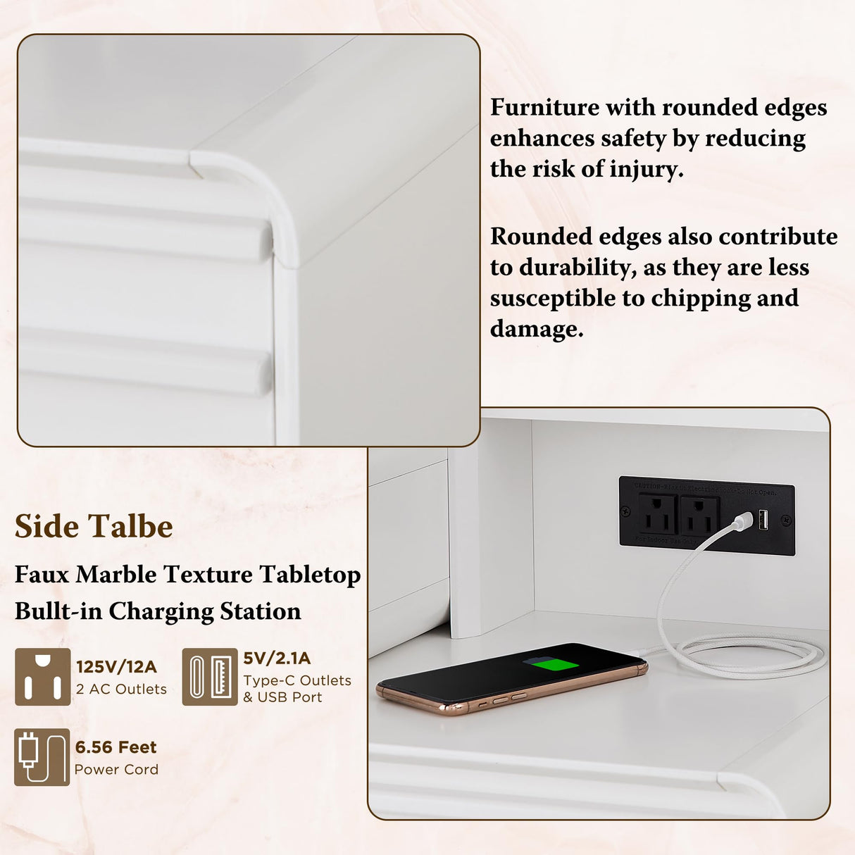 Fluted Makeup Vanity Desk with Large 35" HD Lighted Mirror, 48" Mid Century Modern Glass Top Vanity Table with 5 Drawers & Adjustable Shelf, Dressing Table w/Charging Station for Bedroom, Off White T4TREAM