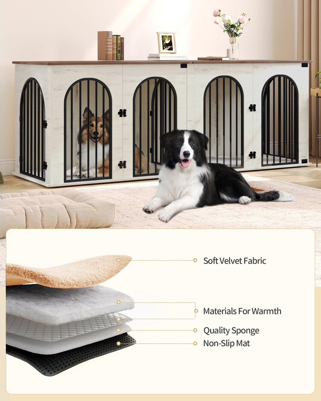 Hzuaneri 88.4" Dog Crate Furniture for 2 Dogs, Heavy Duty Indoor Dog Kennel TV Stand, XXL Wooden Dog Cage with Divider for Medium Large Dogs, End Table Dog Crate with Cushion, White Brown DFC84014BV1 Hzuaneri