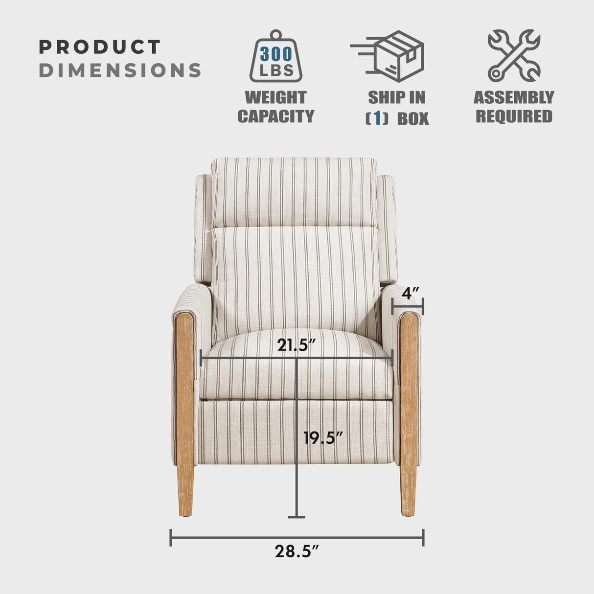 Lexicon Pushback Recliner Chair, Striped Textured Fabric Accent Armchair, Push Back Recliner, Nailhead Trim, Solid Wood Legs, Easy Assembly for Living Room/Office/Apartment, White/Grey Lexicon