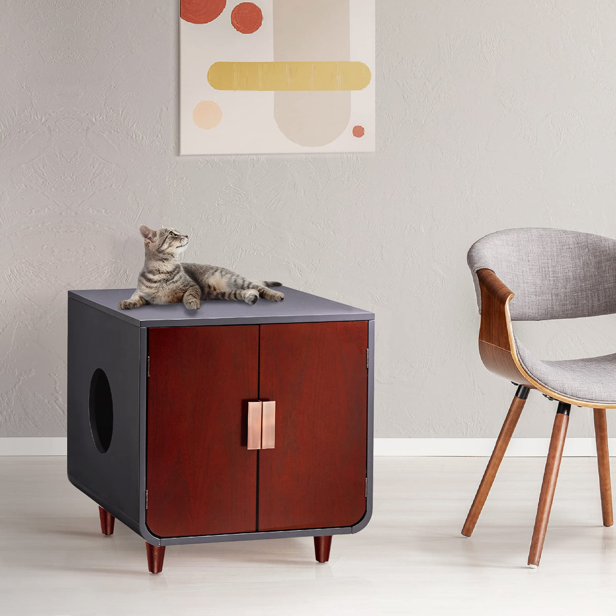Teamson Pets Dyad Hidden Litter Box Enclosure & Mid-Century Side Table Combination with Side Entrance & Double Doors, Mocha Walnut Staart