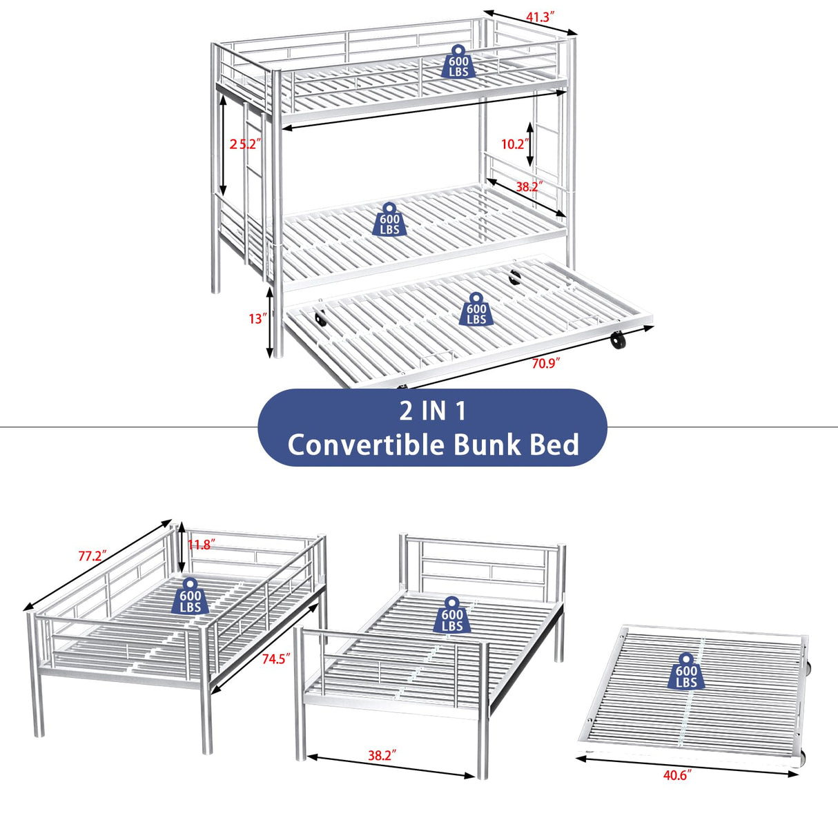 ArisingAsia Twin Over Twin Triple Bunk Beds with Trundle, Metal Bunkbeds with Ladder and Full-Length Guardrail, Noise Free, No Box Spring Needed ArisingAsia