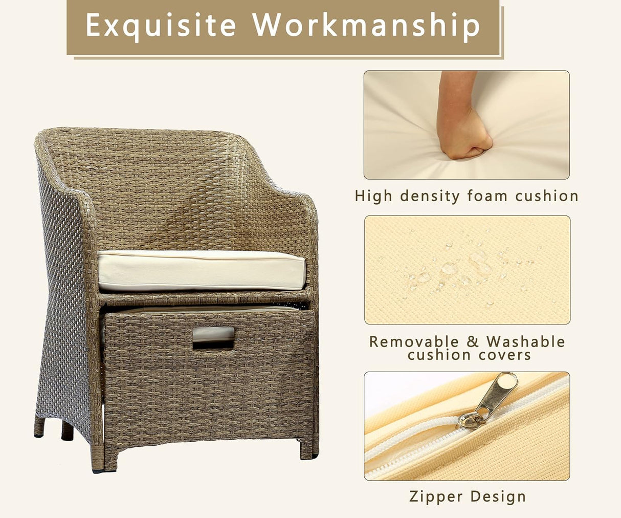 LHBcraft Outdoor Patio Wicker 5-Piece Furniture Set, No Assembly Required All-Weather Rattan Conversation Bistro & Storage Table for Garden, Porch, Balcony and Deck (Beige) LHBcraft