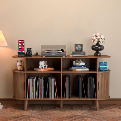 LUVIOHOME Large Round Record Player Stand with Charging Station & USB Ports,Record Storage Cabinet, Mid Century Modern Turntable Stand for Bedroom Living Room (Walnut)