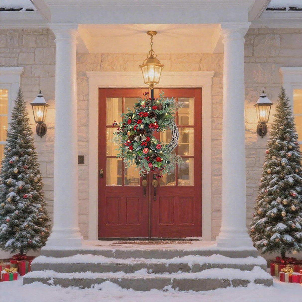 Christmas Wreath for Front Door, Artificial Door Wreaths with LED Lights Bells Berries & Pinecones Christmas Decorations, Xmas Wreaths for Wall Window Fireplace Holiday Home Decor Anhity