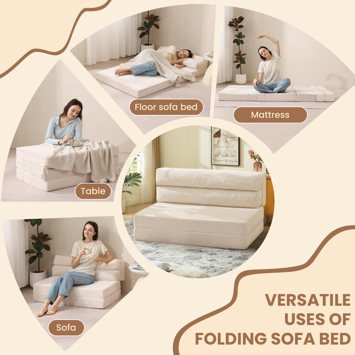 JUIKURY Folding Sofa Bed, Convertible Sleeper Chair with Pilow Foldable Matress, 2 in 1 Pull Out Loveseat Sofa Portable Fold Out Chair Bed Comfy Floor Couch Lounge for Living Room Bedroom,Beige,Twin JUIKURY