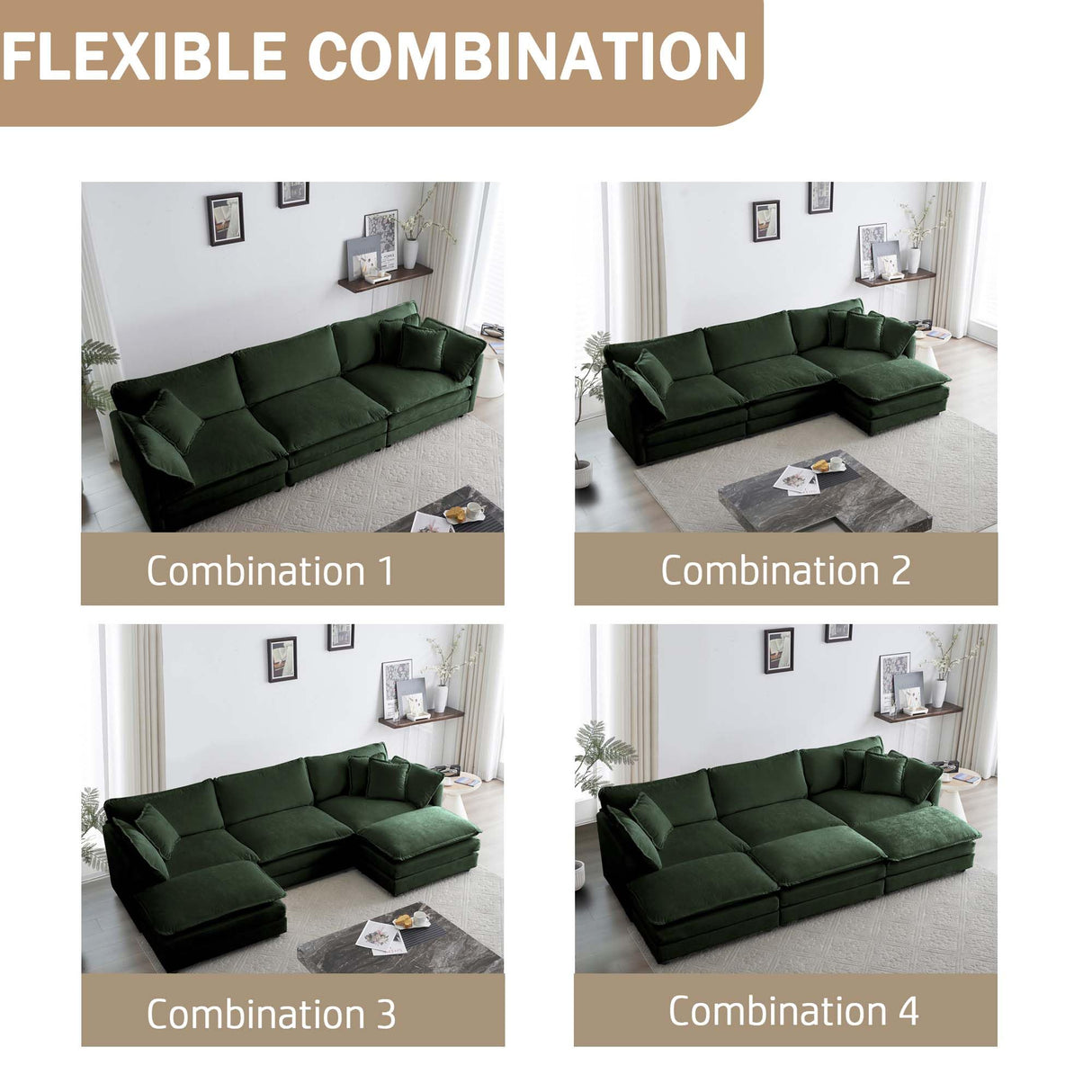 Ravy Concept 111.57" Modular Sectional Couch with L Shaped Chaise, Modern Couch for Living Room, Sofa in A Box, Oversized Sofa Sleeper with Deep Seat, Green Ravy Concept