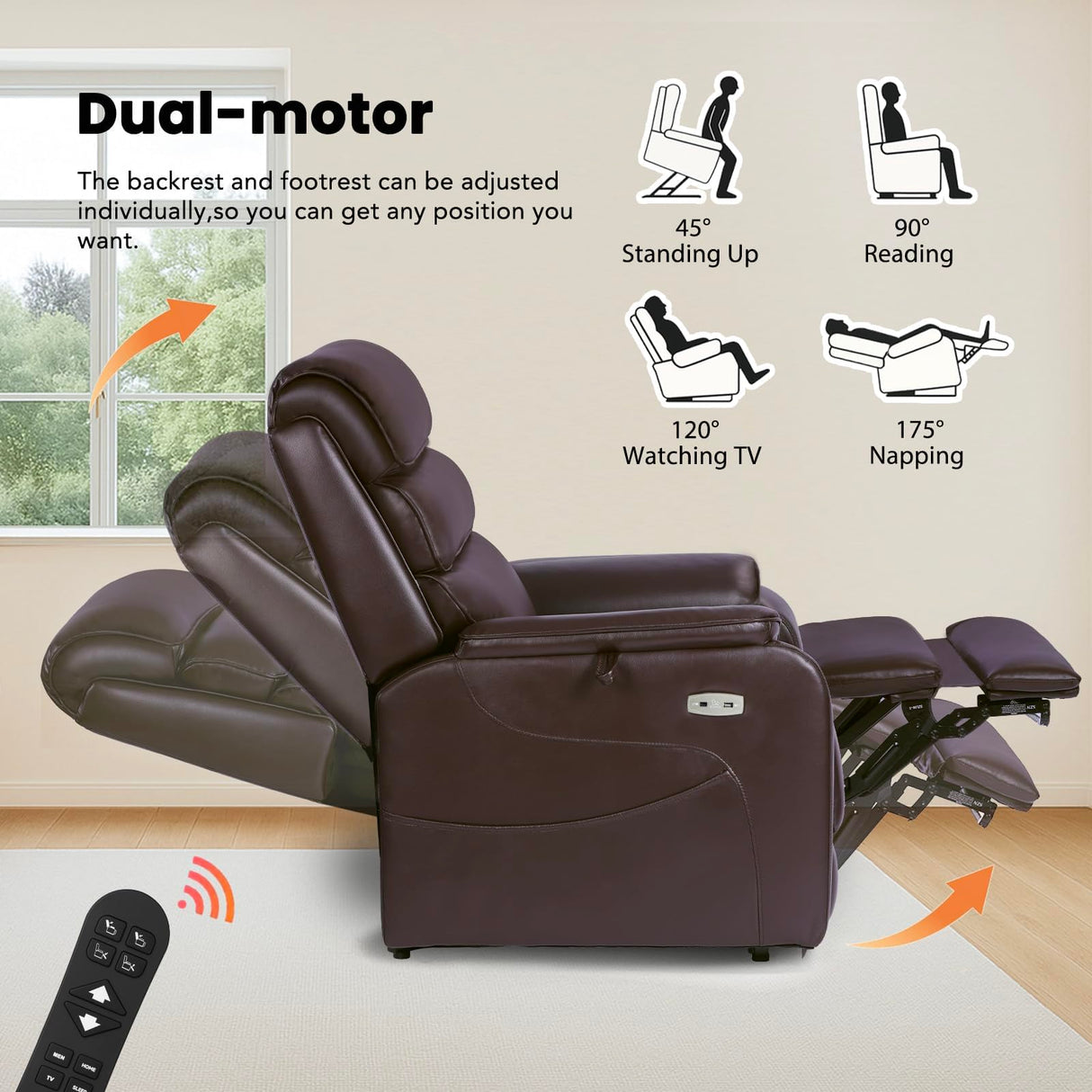 EONIX Wide Lay Flat Power Lift Recliner Chair for Elderly, Oversized Breathable Leather Electric Lift Chairs, 400lbs Heavy Duty Power Recliner with Heat and Massage, SLRY004063, Dark Brown EONIX