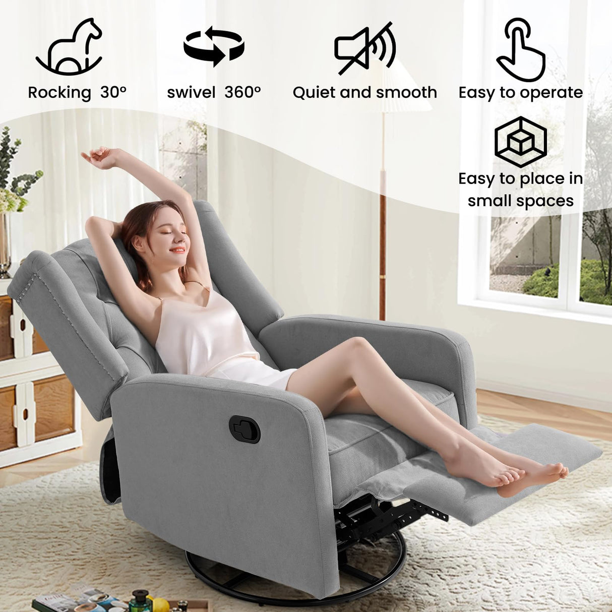 360 Swivel Rocker Recliner Chair for Adults, Nursery Chair for Small Spaces Living Room, Upholstered Fabric Glider Recliner, Pigeon Grey RESTREAL