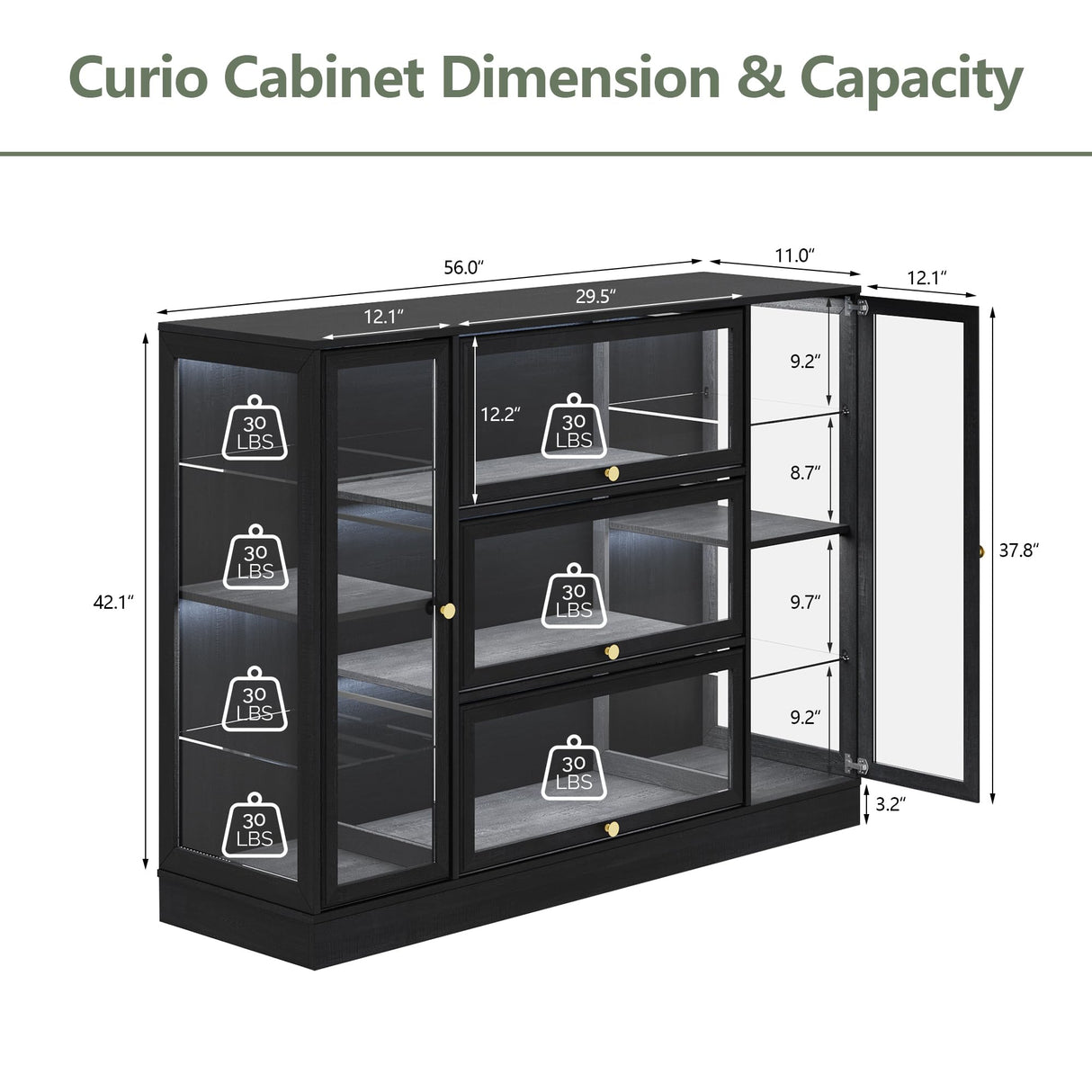 BONITURE Display Cabinet with Acrylic Glass Doors,Extra Wide Curio Cabinet with LED Lighting for Collectibles, Collectibles Toy Organizers Rack & Display Shelf Display Case, Black BONITURE