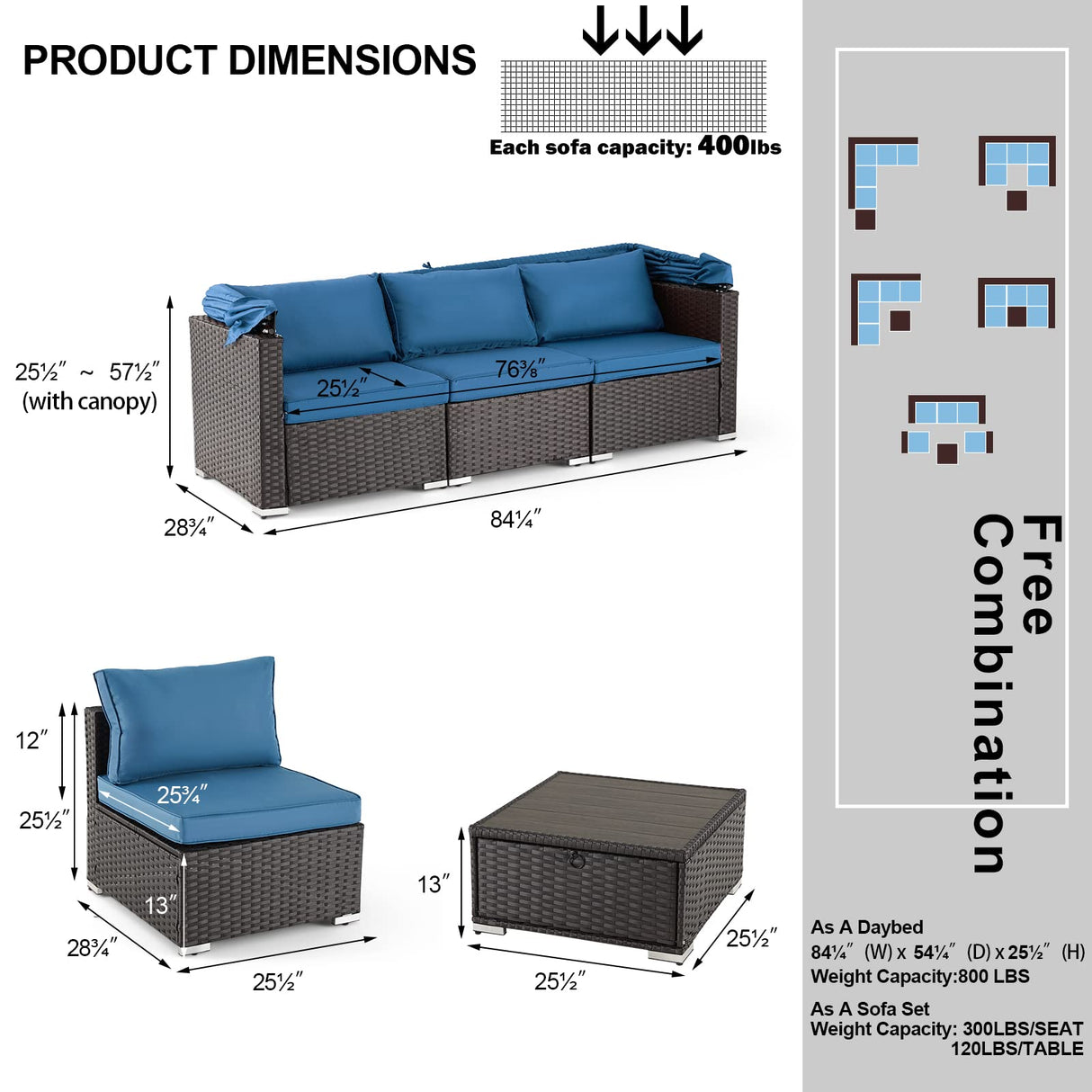 HOMREST 6 Pieces Patio Furniture Sets, Rattan Daybed with Retractable Canopy, Outdoor Sectional Sofa Set with Adjustable Backrest, Chaise Chair Sunbed for Garden Poolside Backyard (Blue) HOMREST
