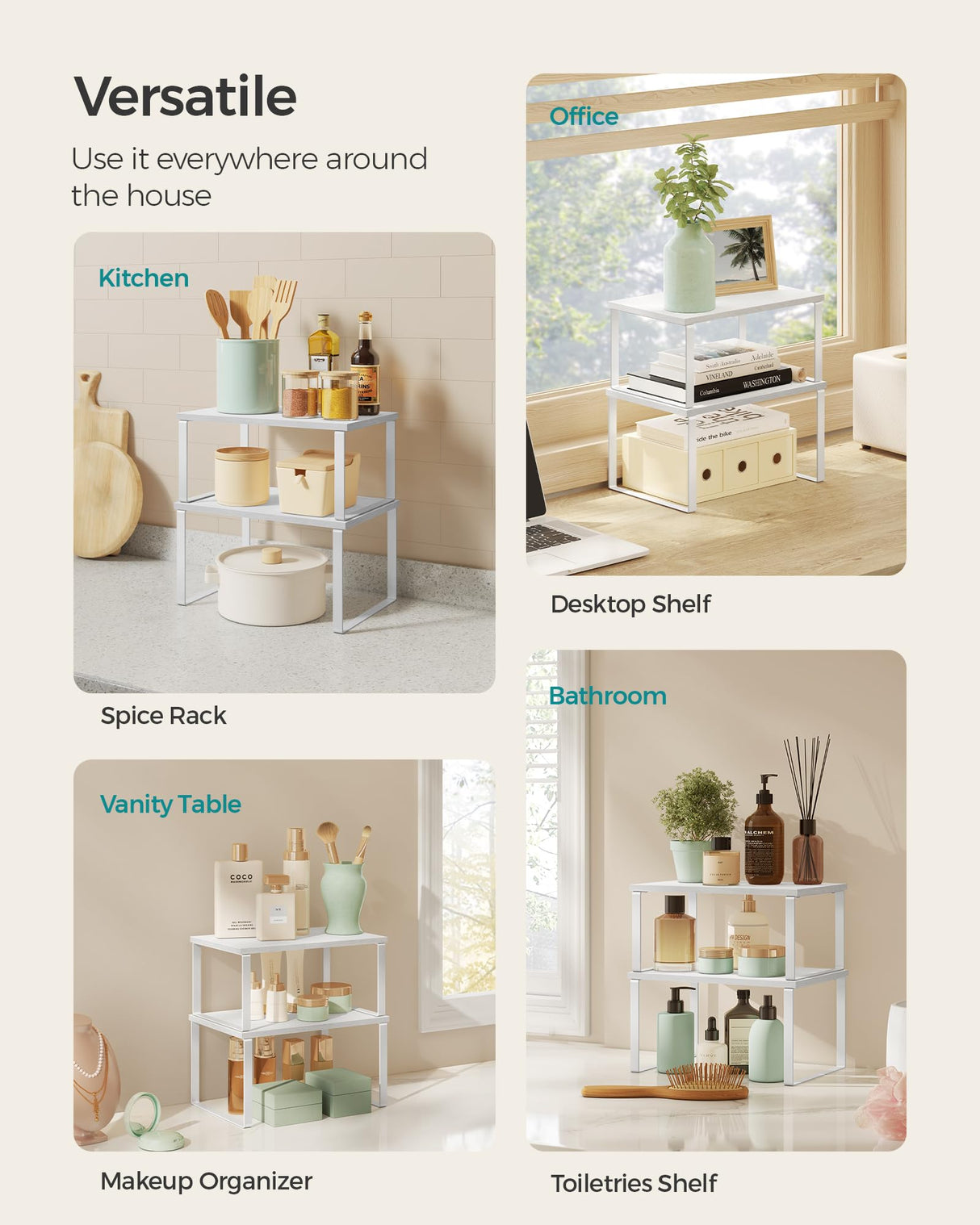 SONGMICS Cabinet Organizer Shelf, Set of 2 Kitchen Counter Shelves, Kitchen Storage, Spice Rack, Stackable, Expandable, Metal and Engineered Wood, Cloud White and Snow White UKCS02W01 SONGMICS