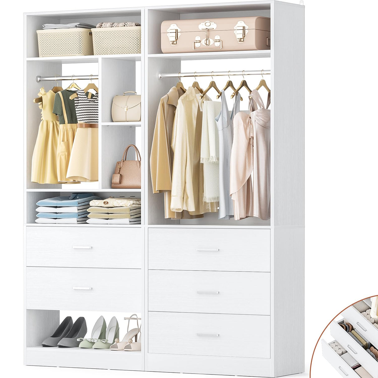 Besiost 4FT Closet Systems with 5 Wood Drawers, 48 Inch Closet Organizer System with 2 Hanging Rods & 7 Shelves, Heavy Duty 48" Walk-in Closet , White (48"L x 15" W x 80" H) Besiost