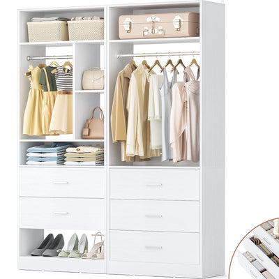 Besiost 4FT Closet Systems with 5 Wood Drawers, 48 Inch Closet Organizer System with 2 Hanging Rods & 7 Shelves, Heavy Duty 48" Walk-in Closet , White (48"L x 15" W x 80" H)