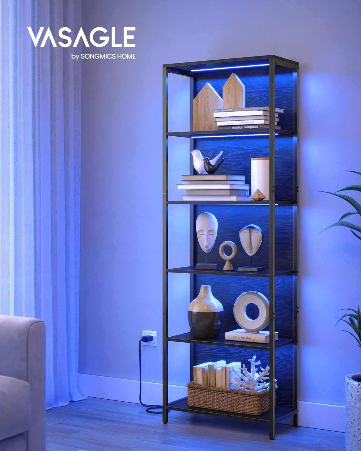 VASAGLE 6-Tier Dimmable LED Bookshelf with Steel Frame, Black Wood Grain Display Unit VASAGLE