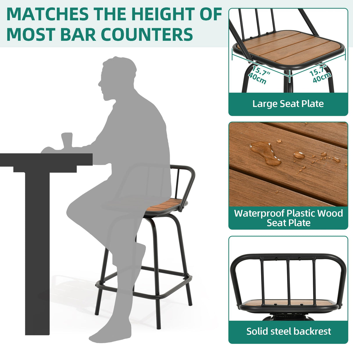 YITAHOME 24 Inches Swivel Bar Stools Set of 2, Counter Height Barstools Platic Wooden Seat with Backrests and Footrest, Industrial Metal Bar Stools for Outdoor Patio Home Kitchen YITAHOME