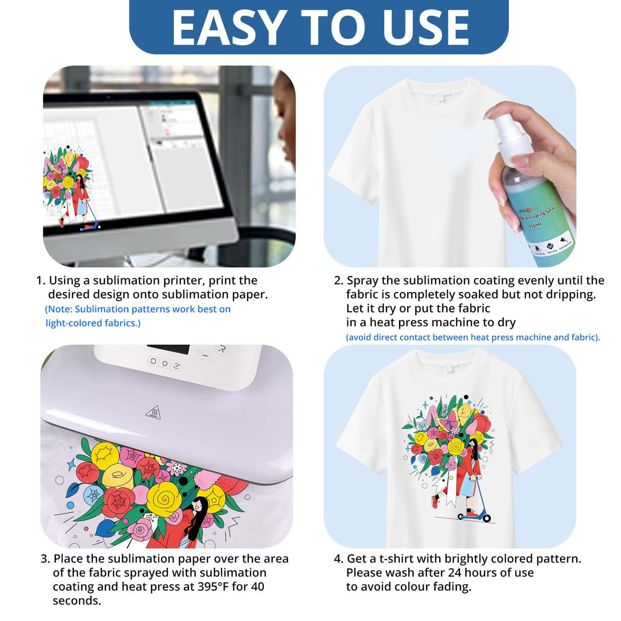 HTVRONT Sublimation Coating Spary for Cotton Shirts 2x150ml, Sublimation Spray for All Fabric, Canvas, Carton, Pillow, Sublimation Spray Quick Dry & High Gloss, Vibrant Color & Strong Adhesion HTVRONT