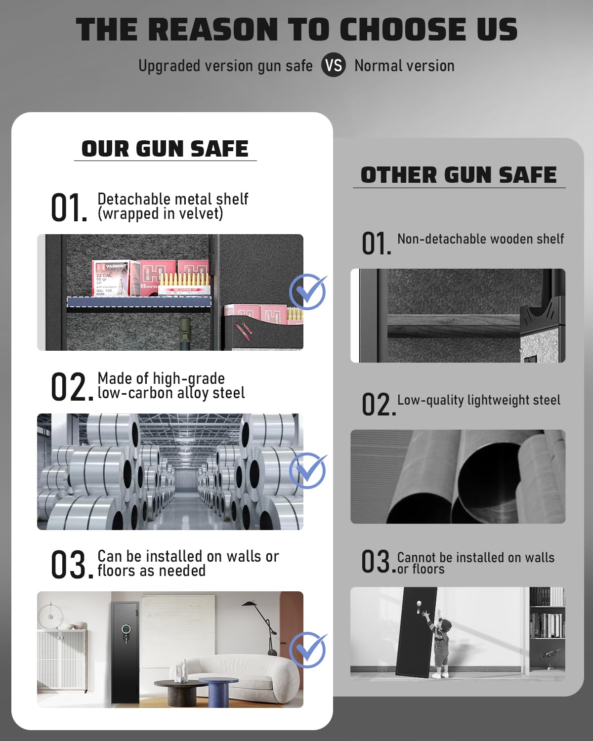 Gun Safe, 2 Rifle Gun Safe, Gun Safes for Home Rifle and Pistols, Quick Access Gun Cabinets with LED Light, Rifle Safe with Adjustable Gun Rack and Removable Shelf Riflewell