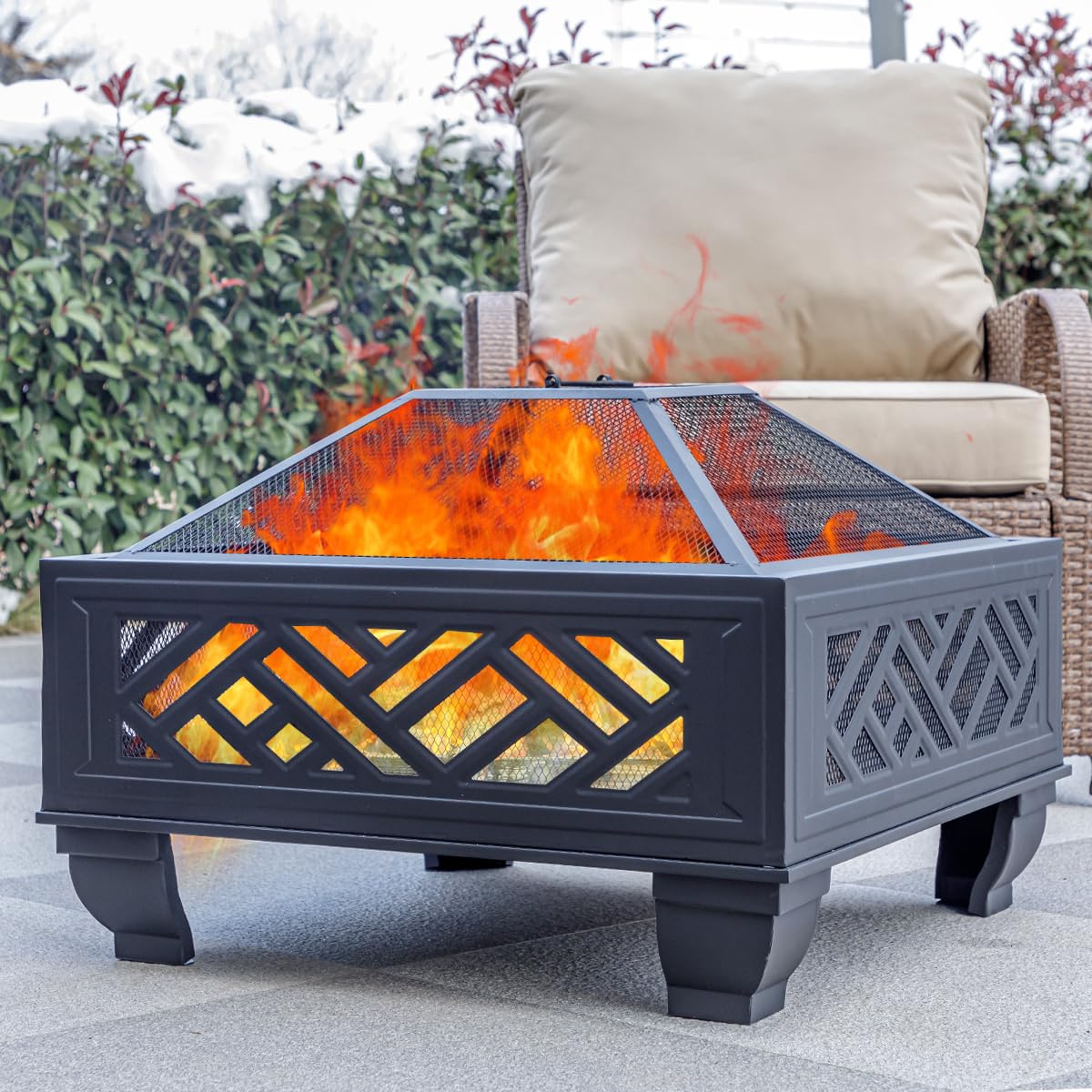MistMo 26" Steel Square Fire Pit with Grill & Poker, Outdoor Fireplace with Mesh Cover for Patio, Backyard & Garden, Ideal Mistmo