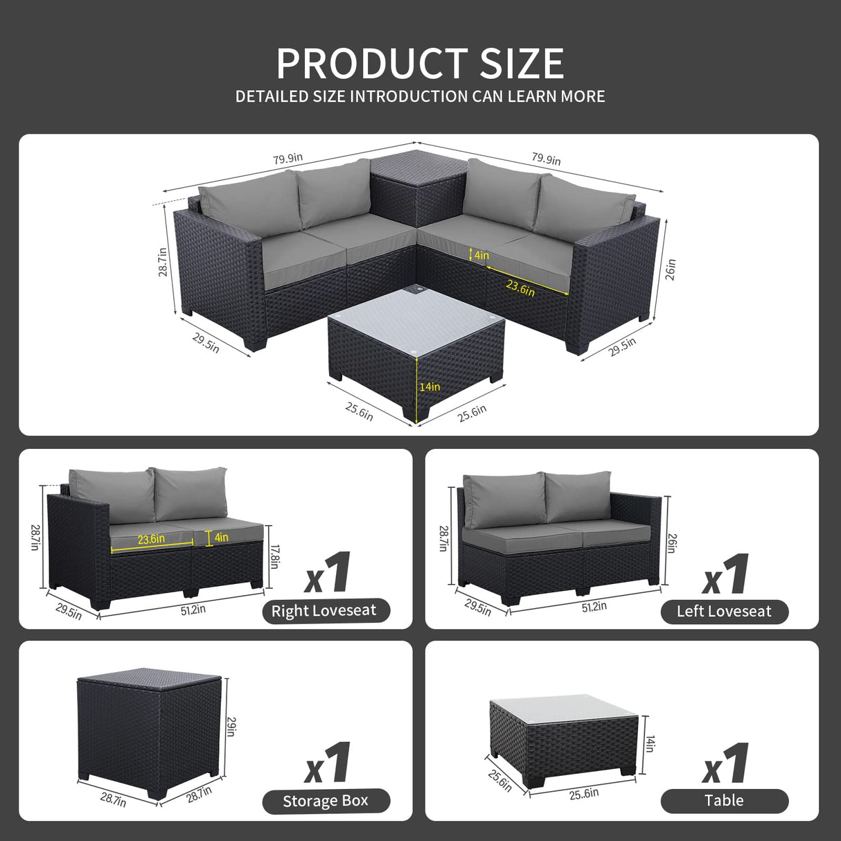 Outdoor PE Wicker Patio Furniture Set 4 Piece Black Rattan Sectional Loveseat Couch Set Conversation Sofa with Storage Box Glass Top Table and Non-Slip Grey Cushion WAROOM