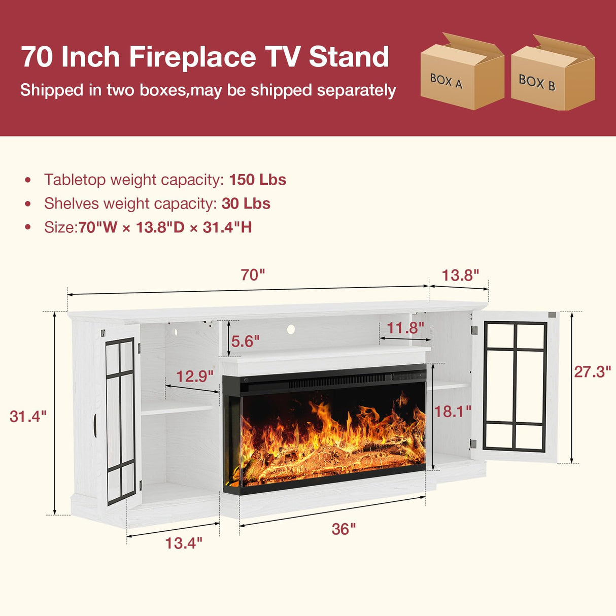 oneinmil 36 Inch 3-Sided Glass Fireplace TV Stand for TVs up to 80", Rustic Media Entertainment Center Console Table with Glass Door Closed Storage, Set of TV Table, White oneinmil