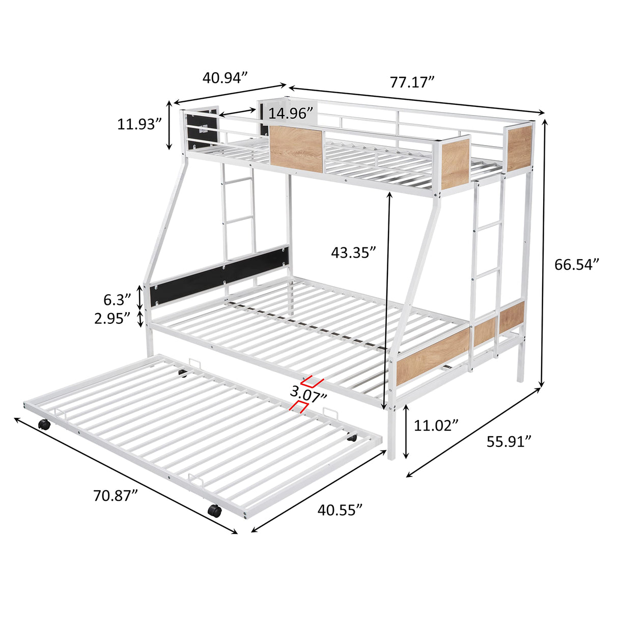 Olela Twin Over Full Metal Bunk Beds with Trundle Bed,Heavy Duty Metal Bed Frame with Safety Rail 2 Side Ladders for Boys Girls Adults,No Box Spring Needed (White Frame) Olela