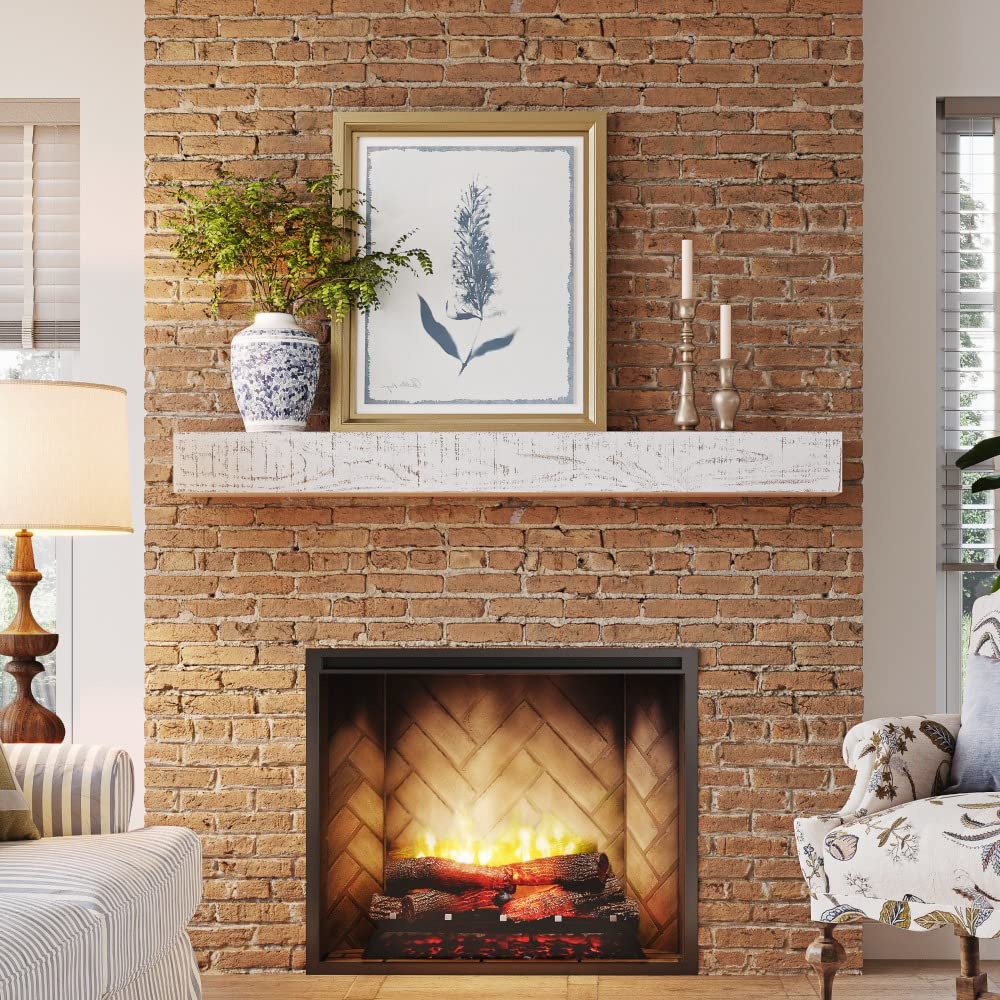 Country Living Hatteras Floating Wood Fireplace Mantel Shelf - Whitewash 72 inch Wooden Farmhouse Floating Pine Beam for Electric Fireplaces, Hearths, and Décor Country Living