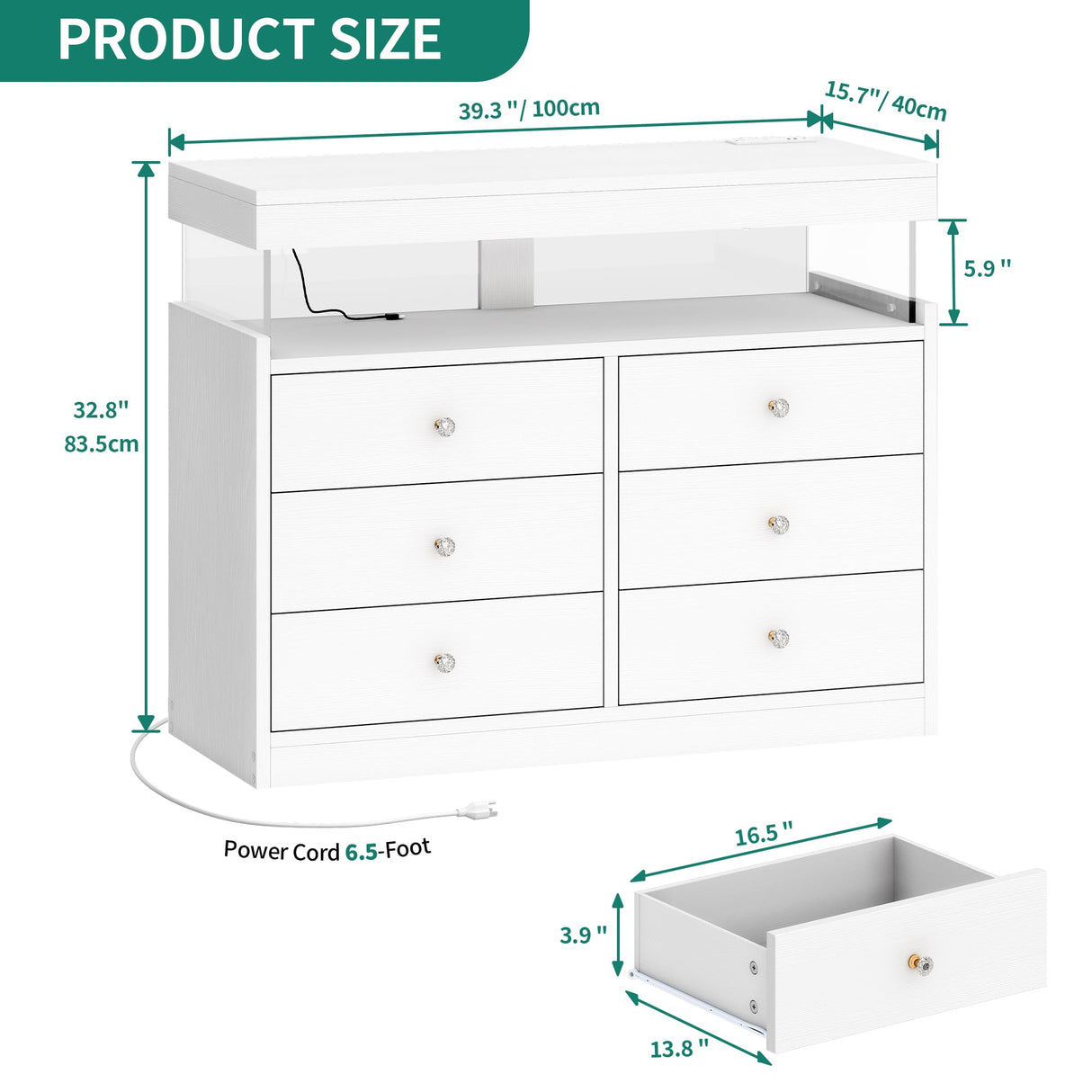 YITAHOME 6 Drawer Dressers with LED Lights and with Charging Station, Wood Dressers Chests of Drawers, Modern Dresser with Open Shelf Storage for Room, Entryway, Hallway, White YITAHOME