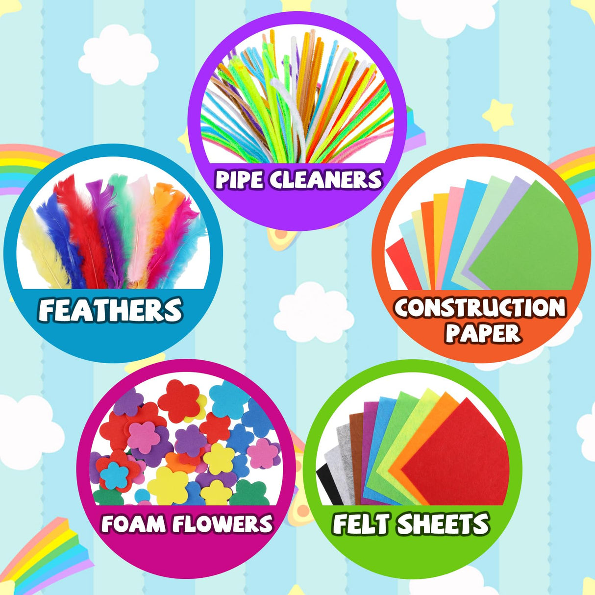 DOITEM Pipe Cleaners Craft Supplies, 1500+Pcs Arts and Crafts Supplies Including Pipe Cleaner Wiggle Googly Eyes Pom Poms Feathers Sticks Sequins Foam Flowers Papers Felt Stickers DOITEM