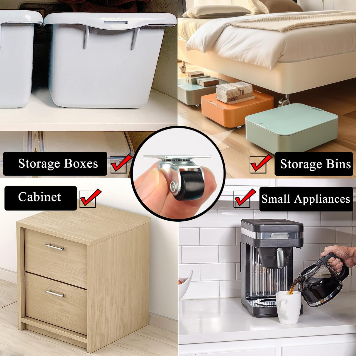 Luxinika Mini Caster Wheels 0.5 Inch Low Profile Swivel Small Casters, Steel Top Plate, Self Adhesive Little Nylon Rolling Wheels for Furniture, Small Appliances, Toy Cart Storage Box & Bins 8 Pack Luxinika