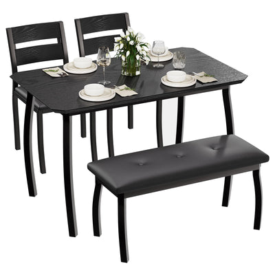 GarveeHome Dining Table Set for 4, Sturdy Wooden Kitchen Table with Chamfer Design and Metal Legs, Upholstered Bench & 2 Classic Dinner Chairs, Kitchen and Dining Set for Home Dinner, Party, Black
