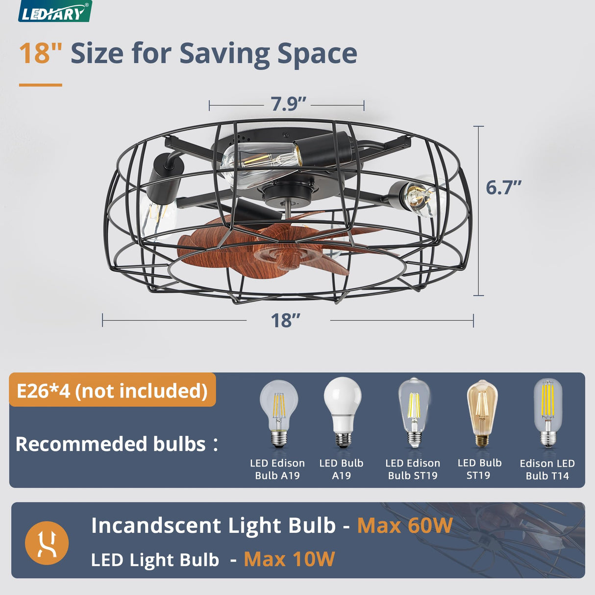 LEDIARY Caged Ceiling Fans with Lights and Remote, Flush Mount Bladeless Ceiling Fan Light Fixture, Small Farmhouse Industrial Low Profile Ceiling Fan for Bedroom Kitchen LEDIARY